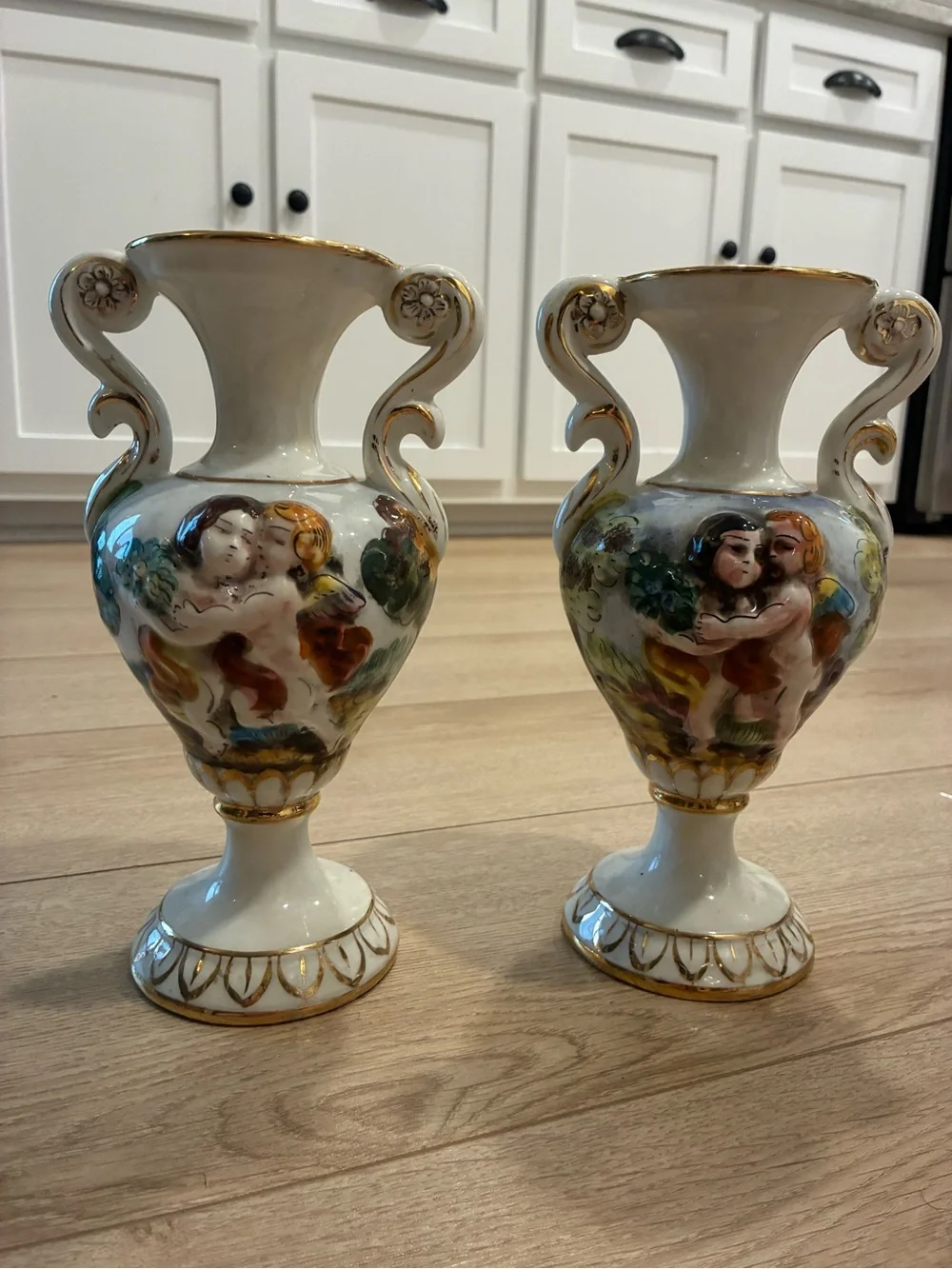Set of 2 Keramos R. Capodimonte Italian Hand Painted Vases 9.5” Tall